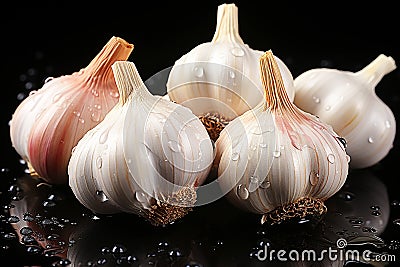 Garlic heads on black background, still life Stock Photo