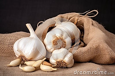 Garlic heads on a bag Stock Photo