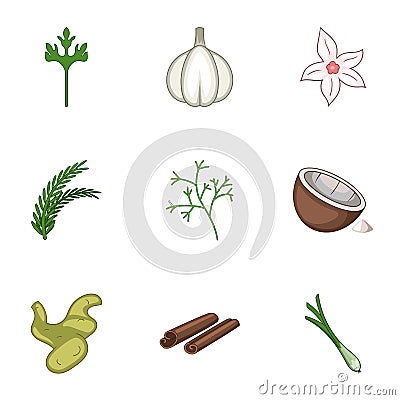 Garlic icons set, cartoon style Vector Illustration