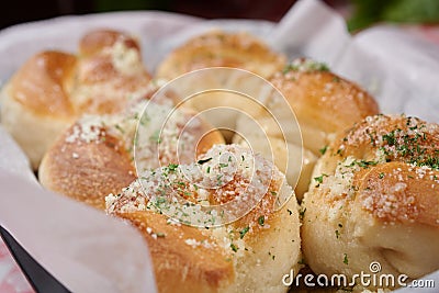 Garlic knots in a basket bokeh Stock Photo