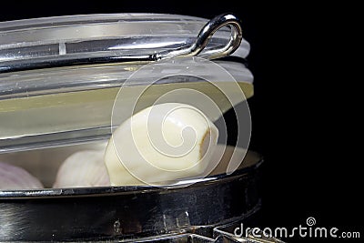 Garlic in a metal container Stock Photo