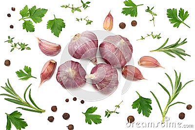 garlic and parsley isolated on white background. healthy food. top view Stock Photo
