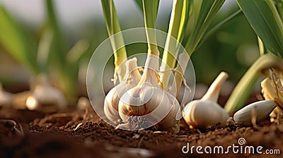 Garlic plants growing in the vegetable garden. Generative AI Stock Photo