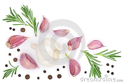 Garlic with rosemary and peppercorn isolated on white background with copy space for your text. Top view. Flat lay Stock Photo