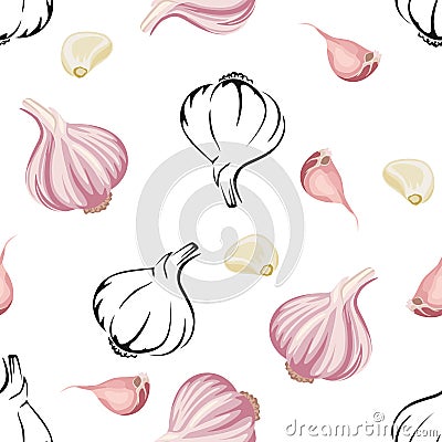 Garlic seamless pattern. Vector color illustration of garlic bulb and cloves on a white background. Vector Illustration