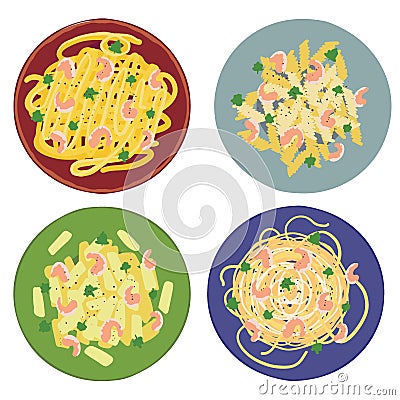 Garlic shrimp pasta with Spaghetti, penne, tagliatelle and fisilli on colored plates. Vector Illustration