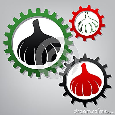 Garlic simple sign. Vector. Three connected gears with icons at Vector Illustration