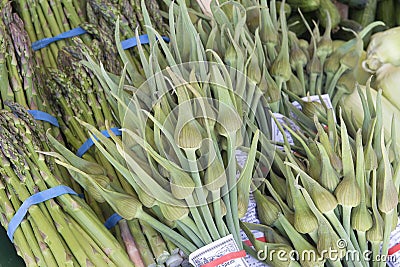 Garlic Spears and Asparagus Bundles Closeup Stock Photo