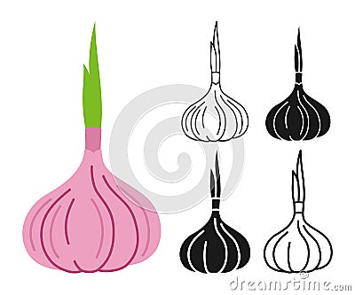 Garlic spice cartoon linear symbol set doodle style silhouette spicy condiment vegetable icon design Vector Illustration