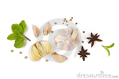 Garlic and spice isolated white background top view Stock Photo