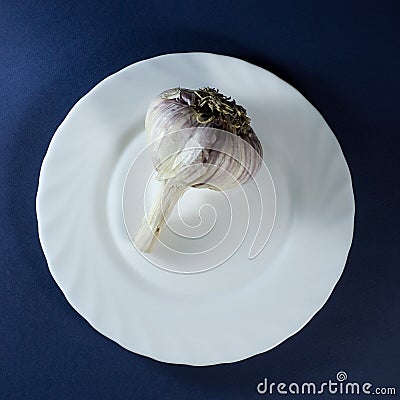 Garlic in white plate Stock Photo