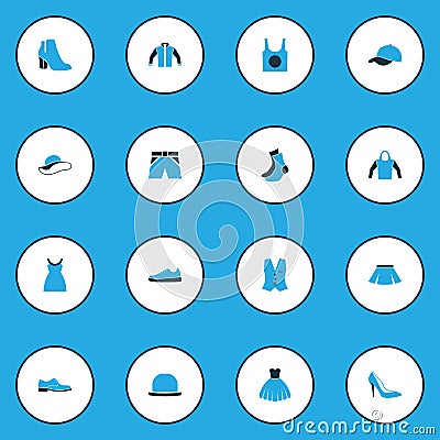 Garment Colorful Icons Set. Collection Of Female Boots, Man Footwear, Panama And Other Elements. Also Includes Symbols Vector Illustration