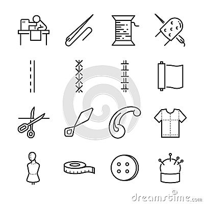 Garment vector line icon set. Included the icons as needle, sew, fabric, needle and more. Vector Illustration