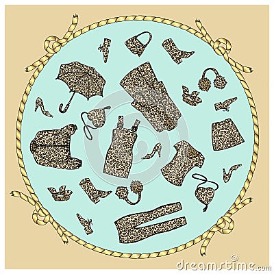 Garments, shoes, accessories with an leopard pattern. Isolated in a frame of golden cord. Vector Illustration