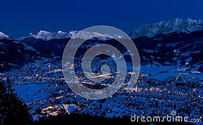 Garmisch-Partenkirchen in cold winter night Stock Photo