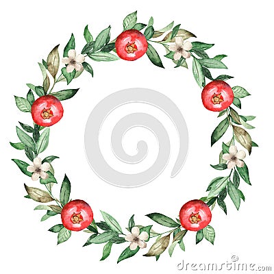 Watercolor wreath with garnets, pomegranate flowers, leaves Stock Photo