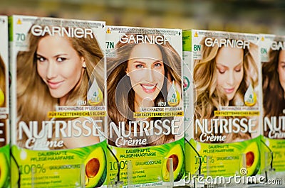 Soest, Germany - January 3, 2019: Garnier hair dye for sale in the shop Editorial Stock Photo