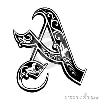 Garnished Gothic style font, letter A Vector Illustration