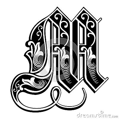 Garnished Gothic style font, letter M Vector Illustration