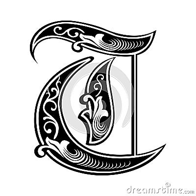 Garnished Gothic style font, letter T Vector Illustration