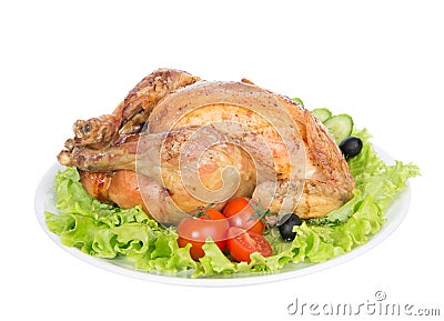 Garnished roasted thanksgiving chicken on a plate Stock Photo