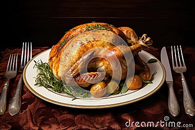 Garnished roasted turkey with potatoes and herbs on a wooden background, A heartwarming image of a plump chicken lying on a plate Stock Photo