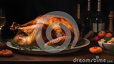 Garnished roasted turkey with rosemary on a wooden table. Stock Photo