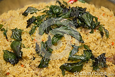 Garnished Yellow Fried Rice Curry Powder Stock Photo