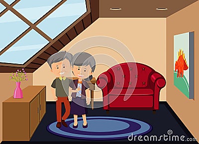 Garret room scene with an old couple cartoon character Vector Illustration