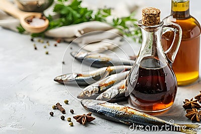 Garum fish sauce in a decanter on the table with fresh sardines and spices. Stock Photo