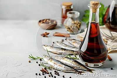 Garum fish sauce in a decanter on the table with fresh sardines and spices. Stock Photo