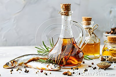 Garum fish sauce in a decanter on the table with fresh sardines and spices. Stock Photo