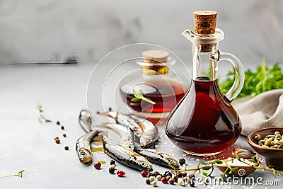 Garum fish sauce in a decanter on the table with fresh sardines and spices. Stock Photo
