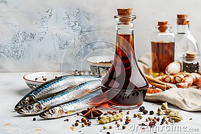 Garum fish sauce in a decanter on the table with fresh sardines and spices. Stock Photo