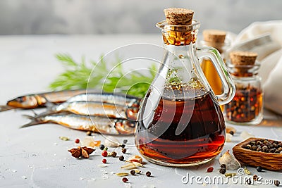 Garum fish sauce in a decanter on the table with fresh sardines and spices. Stock Photo