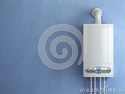 Gas boiler on blue background. Gas boiler home heating. Stock Photo