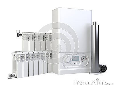 Gas boiler, heater radiator set and chimney pipe for house. Heating system Cartoon Illustration