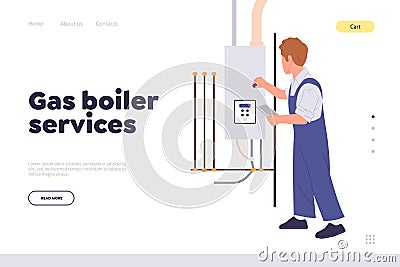 Gas boiler services landing page design website template offering professional help in installation Vector Illustration