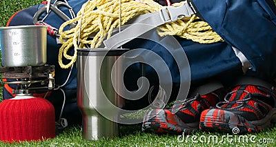 gas burner for cooking, outdoors, with things for travel Stock Photo