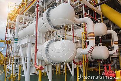 Gas cooler at oil and gas central processing platform, Heat exchanger shell and tube type Stock Photo
