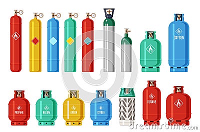 Gas cylinders. Lpg propane container, oxygen gas cylinder and canister. Fuel storage liquefied compressed gas high Vector Illustration