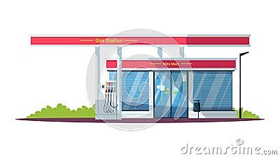 Gas filling station with mini mart semi flat RGB color vector illustration Vector Illustration