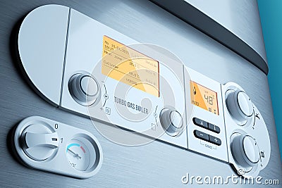 Gas fired boiler control panel closeup. Household appliance Stock Photo
