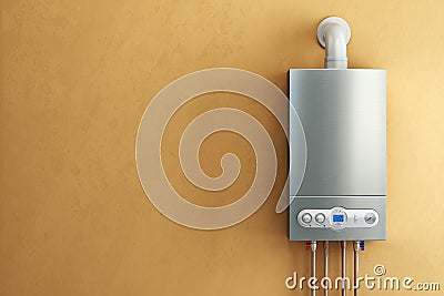 Gas-fired boiler on yellow background. Home heating. Stock Photo