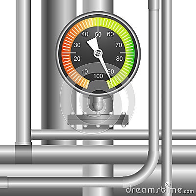 Gas, fuel pipe valve and pressure meter Vector Illustration
