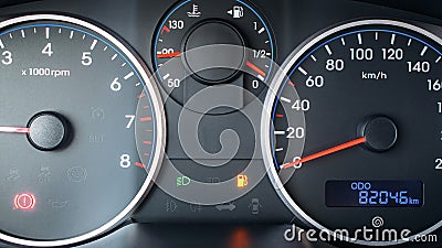 Gas gauge fuel empty. Petrol tank meter car indicator on dashboard. Low gasoline level. Fuel gauge gas. Stock Photo