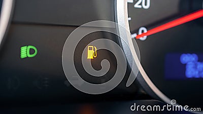 Gas gauge fuel empty. Petrol tank meter car indicator on dashboard. Low gasoline level. Fuel gauge gas. Stock Photo