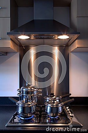 Gas hob and extractor fan. Stock Photo