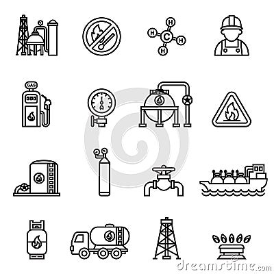 Gas industry extraction production and transportation gas icons set with tanker truck petroleum can and pump. thin line design. Vector Illustration