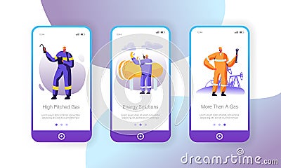 Gas Industry Mobile App Page Onboard Screen Set, Maintenance Service, Gasman Engineering Pipe, Mechanic Adjusting Facility Station Vector Illustration